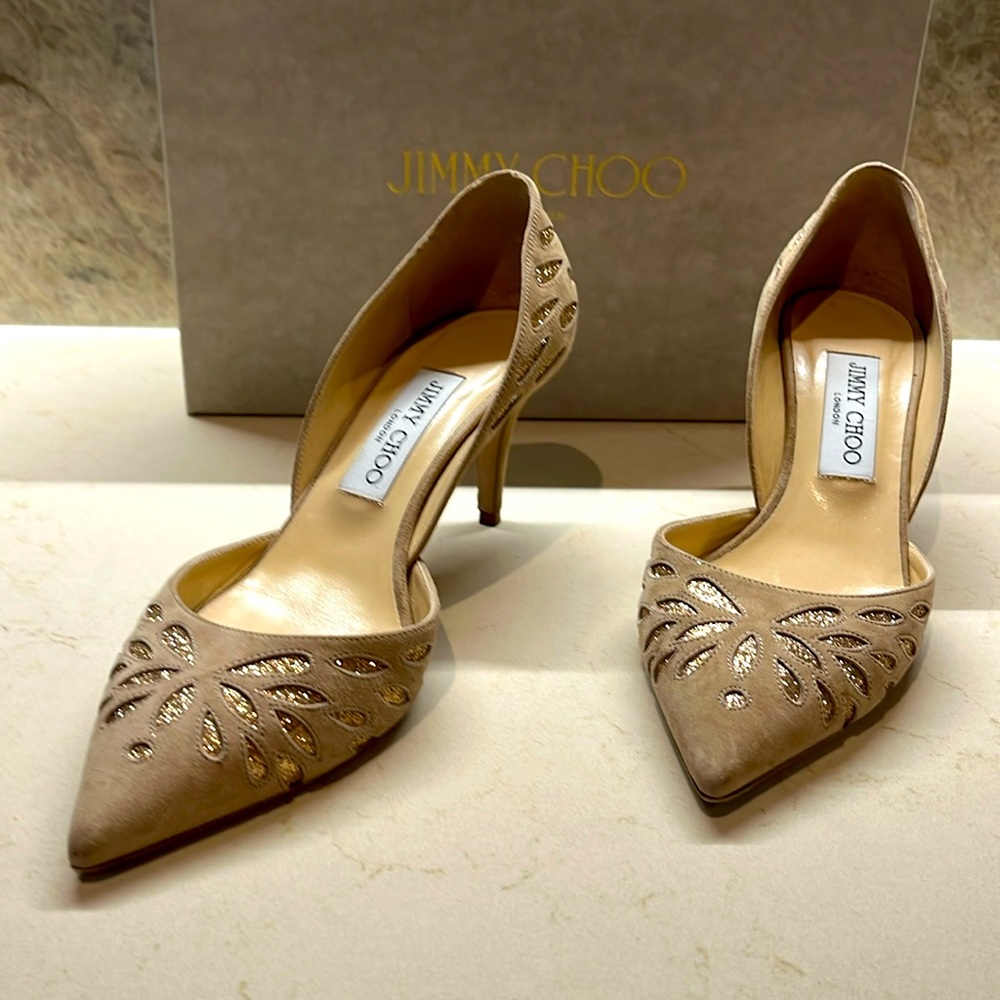 Jimmy Choo Nude Suede Pumps, Gold Detail, Size 38.5.  Almost New!